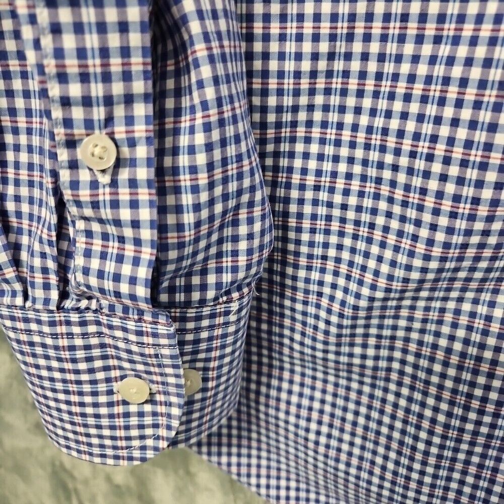 Saks Fifth Avenue blue red white plaid slim fit button front shirt 17 34-35 cot - Picture 9 of 11